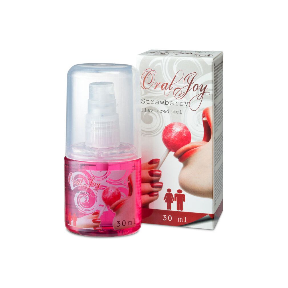 Flesje Oral Joy Aardbeien-gel met pompdispenser en verpakking, 30ml.