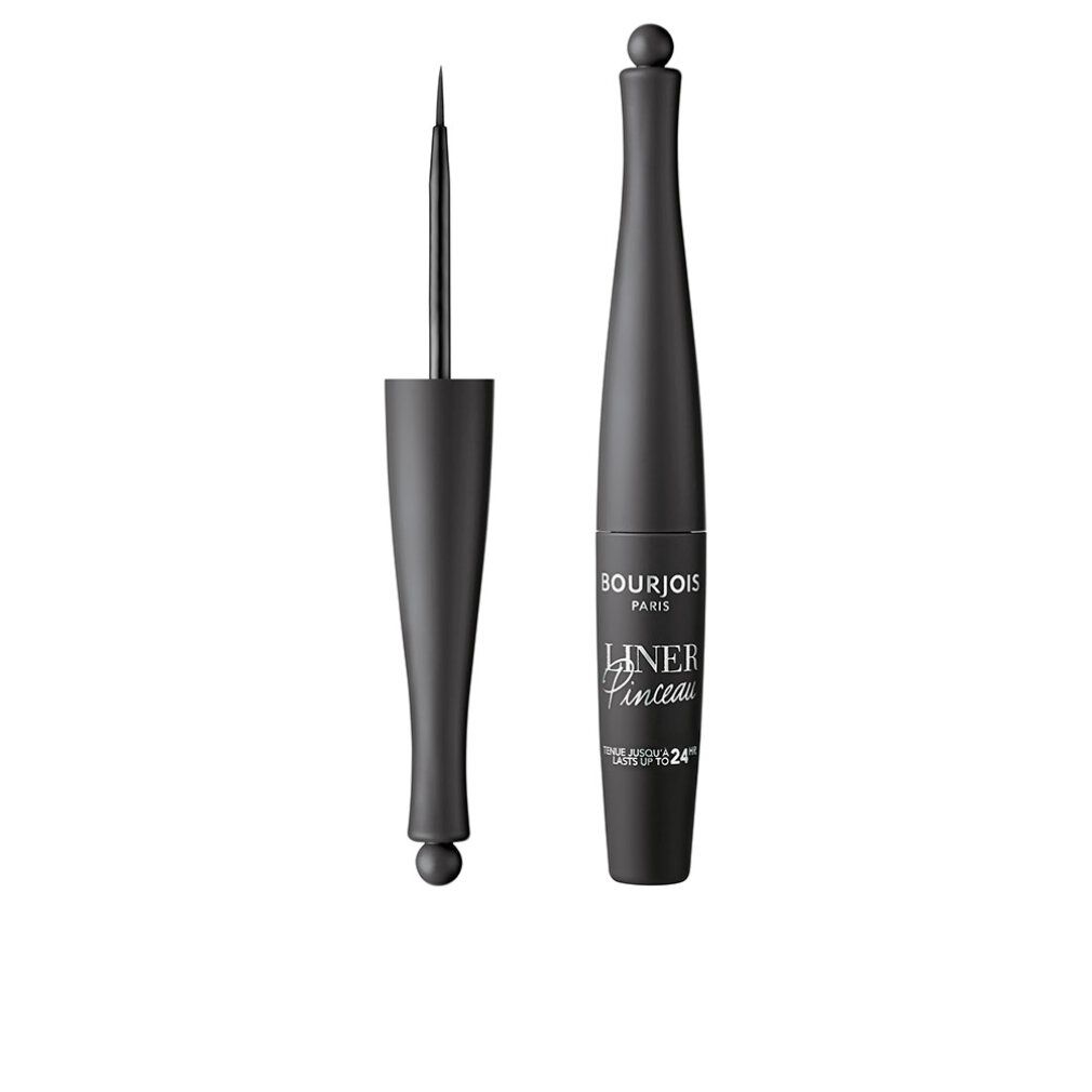 Zwarte eyeliner met penseelapplicator. Fles met kogelvormige dop. Opschrift: Bourjois Paris, Liner Pinceau Waterproof 24H.