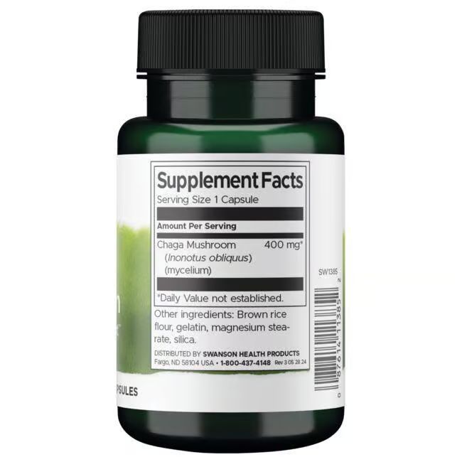 Dos d'une bouteille verte. Étiquette blanche avec informations nutritionnelles. Contient Chaga Mushroom, 400 mg.