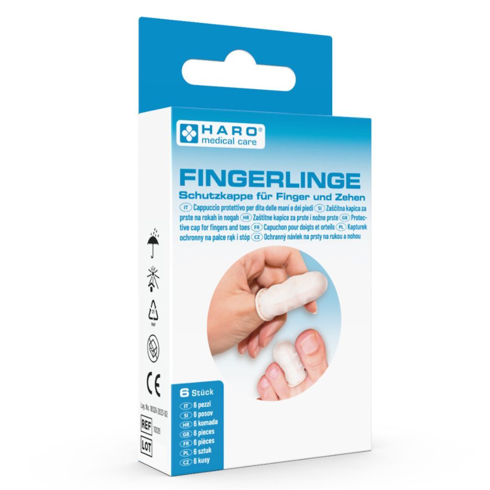 Boîte de Fingerlinge. Six pièces. Haro Medical Care. Protection pour doigts et orteils. Fingerlinge sur doigts et orteils.