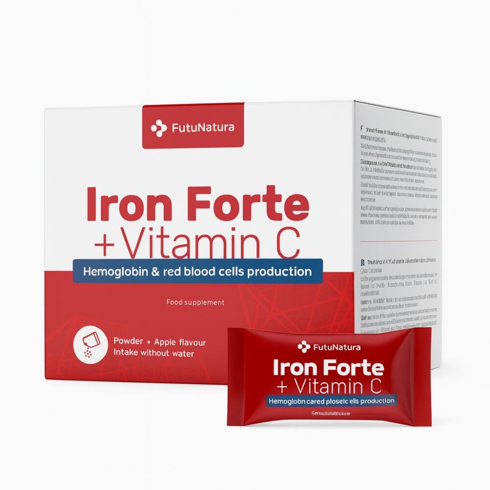 Witte doos en rood zakje. Opschrift: Iron Forte + Vitamine C. Voor hemoglobine en rode bloedcellen. Appelsmaak.