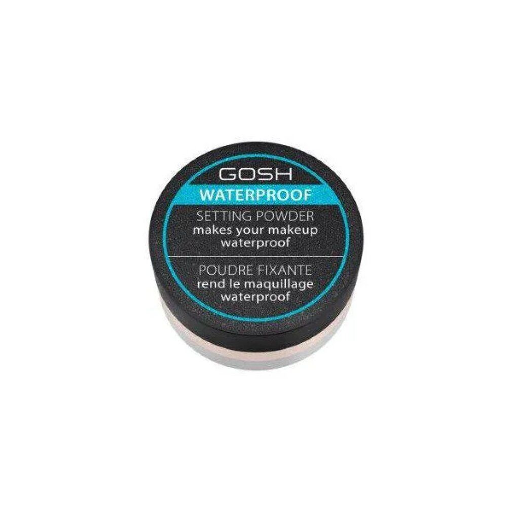 Boîte ronde noire. Inscription GOSH WATERPROOF SETTING POWDER. Bande turquoise avec texte. Poudre visible.
