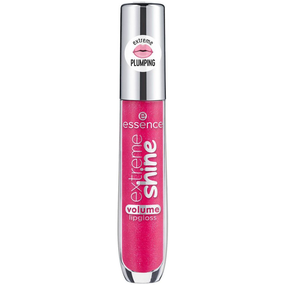 Essence Extreme Shine Volume Lipgloss. Roze lipgloss tube met zilveren dop. Opschrift: Extreme Shine, Volume Lipgloss, Plumping.