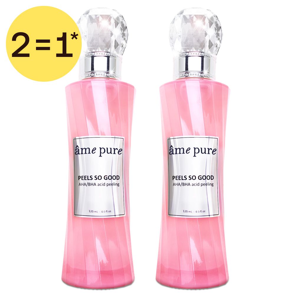 Twee flacons van de "Peels So Good" peeling van âme pure met AHA/BHA zuren. Gel peeling in roze flacons met kristallen dop.
