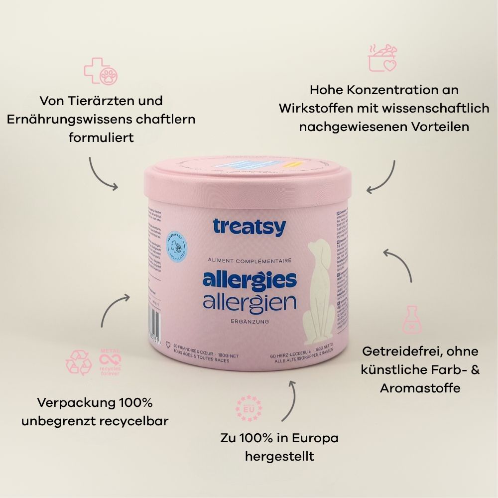 Boîte rose avec "Treatsy Allergies". Flèches pointent vers le texte. Texte : "100% recyclable".