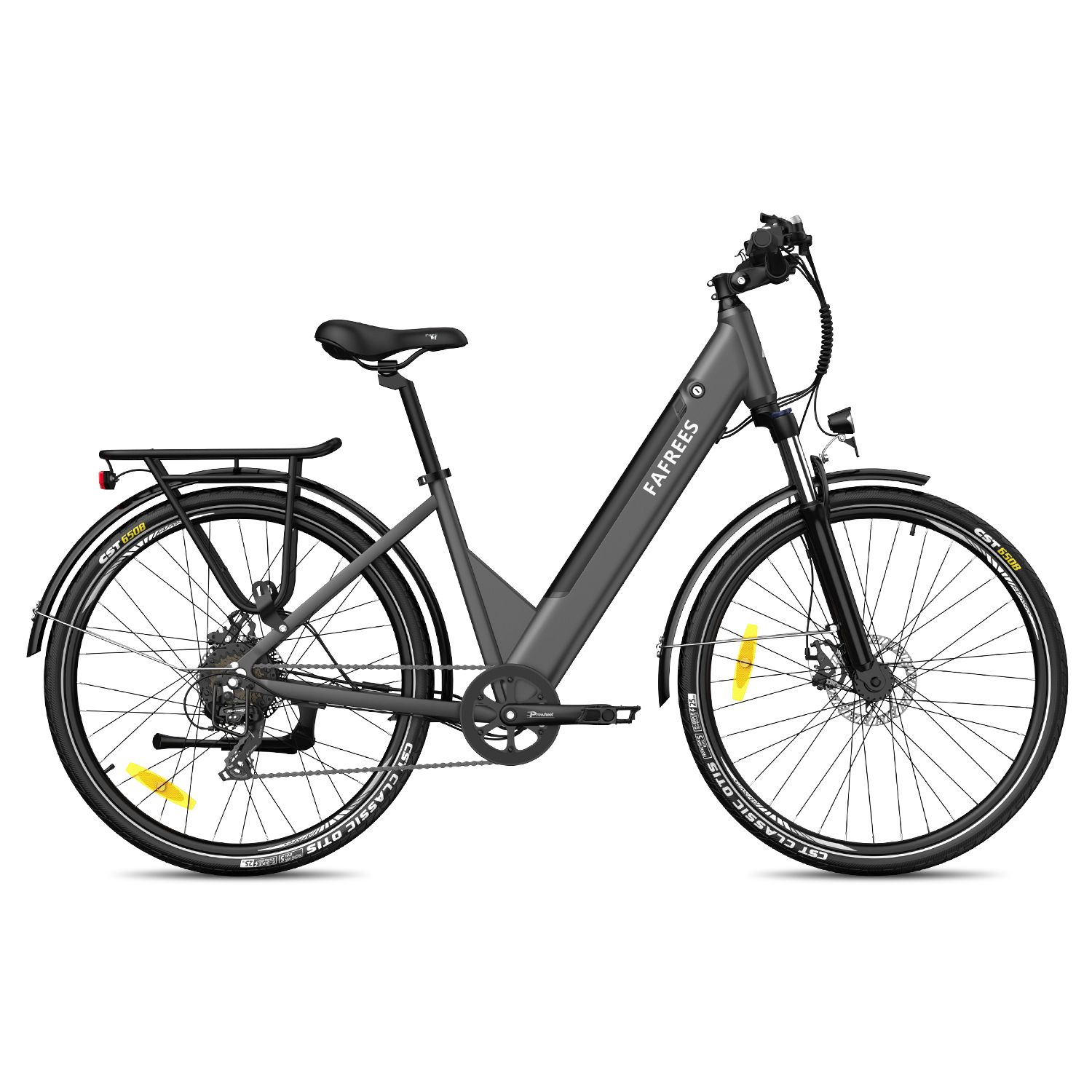Vélo électrique gris FAFREES avec garde-boue et porte-bagages. Pneus noirs avec détails jaunes.