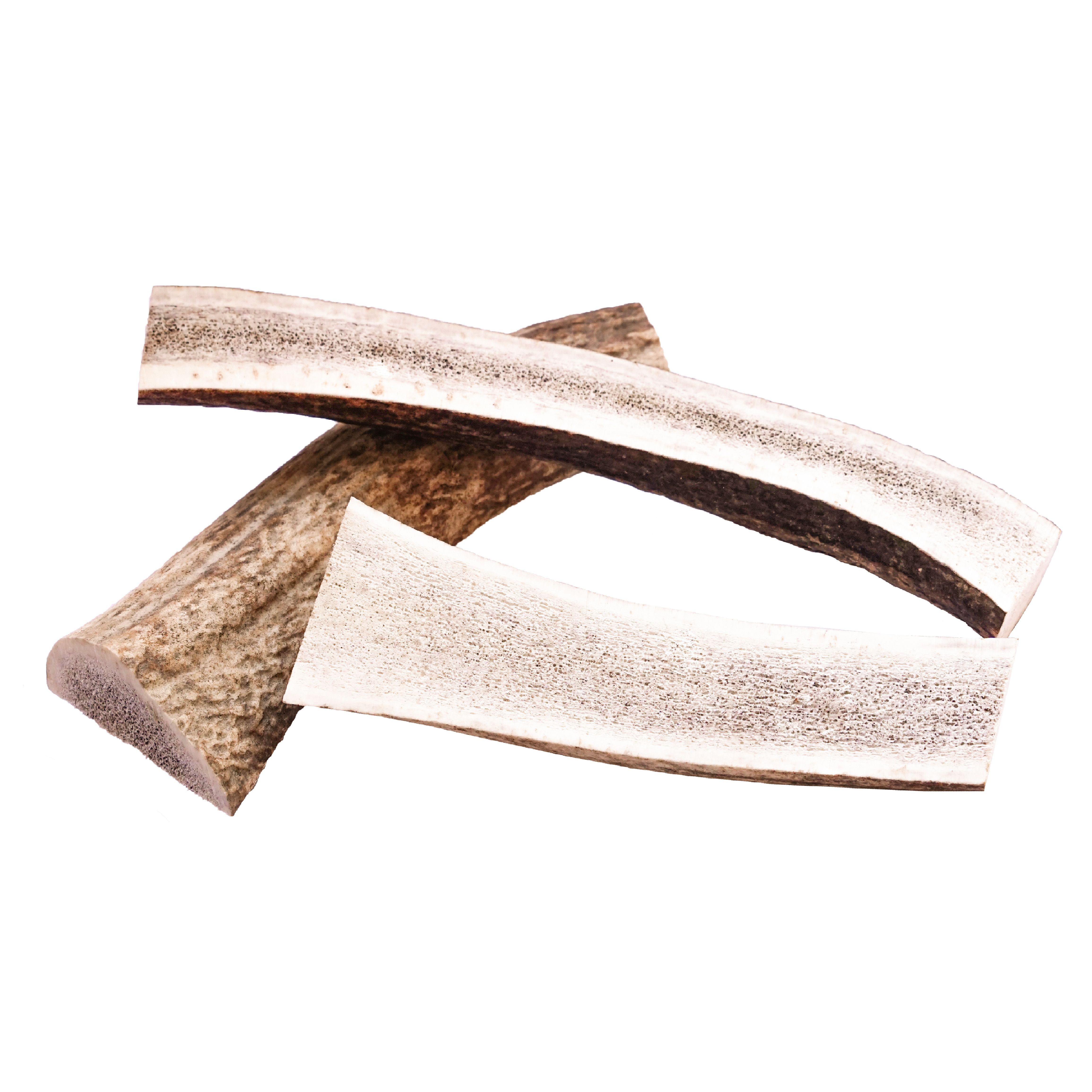 Gehalveerde herten geweistukken. Drie beige stukken met afgeronde randen. Op witte achtergrond.