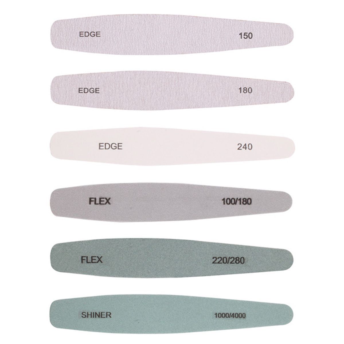 Zes UNIQ Beauty nagelvijlen in verschillende gritmaten: 150, 180, 240, 100/180, 220/280, 1000/4000.