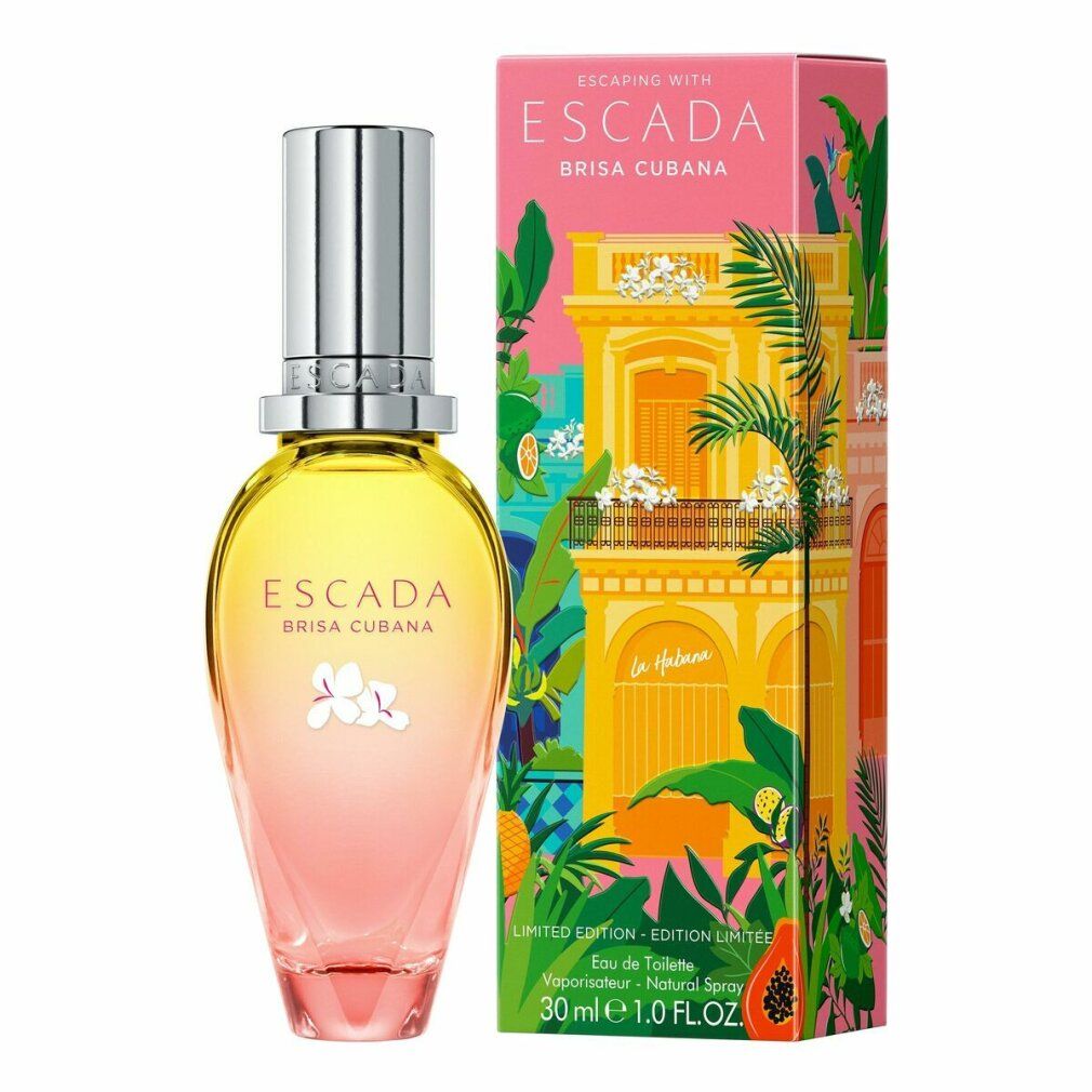 Escada Brisa Cubana Eau de Toilette fles en verpakking. Roze-gele kleurverloop, zilveren dop. Geïllustreerde verpakking.