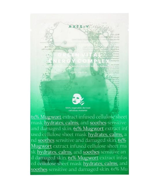 Gezichtsmasker vastgehouden door een hand. Groene kleur, openingen voor ogen en mond.