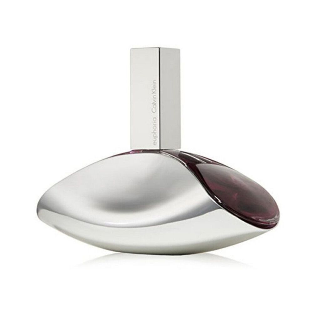 Zilverkleurige flacon met zwarte en witte dop. Op de dop staat "euphoria Calvin Klein".