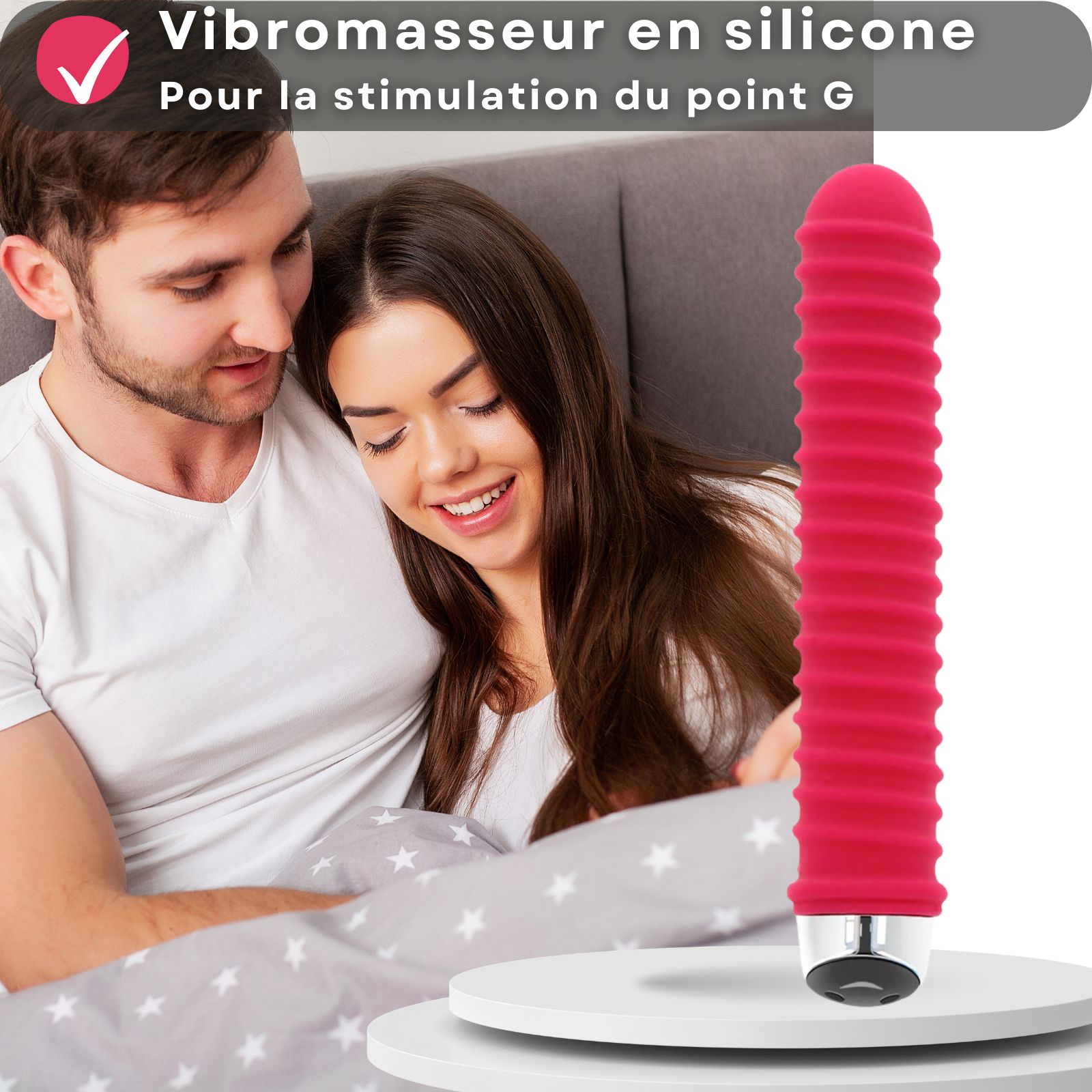 Vibrateur rouge cannelé. Texte: Vibrateur en silicone, pour la stimulation du point G.