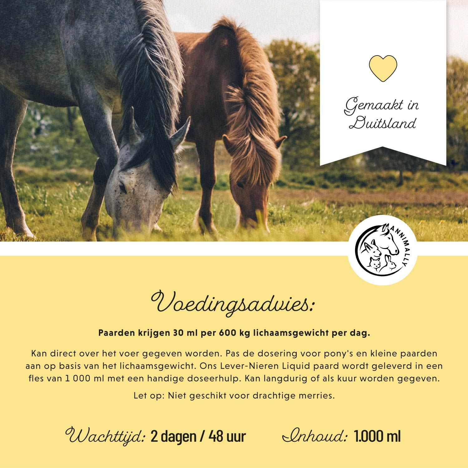 Fles Annimally Leber-Nieren Liquid. Etiket met logo, tekst en 1.000 ml.