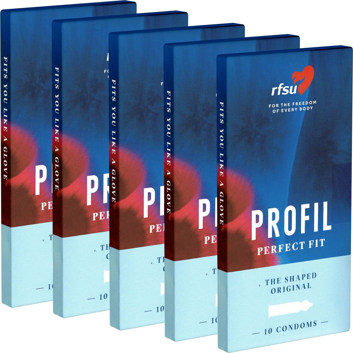 Cinq boîtes de préservatifs RFSU Profil, Perfect Fit. Emballage bleu avec dégradé rouge. Contient 10 préservatifs.