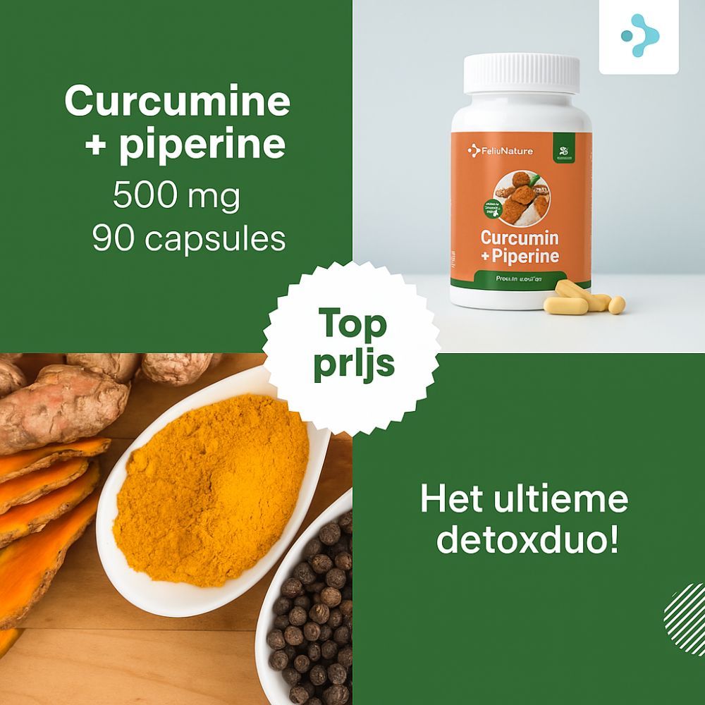 Product met Curcumine + Piperine, 500 mg, 90 capsules. Gele capsules in schaal.