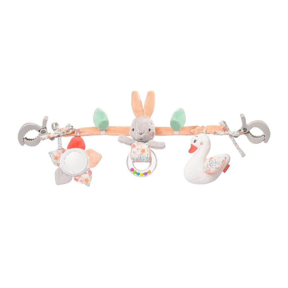 Chaîne de jouets avec lapin, canard, fleur et anneaux de préhension. Pinces de fixation aux extrémités.