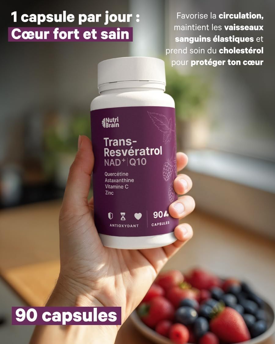 Bouteille de NUTRIBRAIN Trans-Resveratrol NAD+ Q10 avec liste d'ingrédients détaillée.