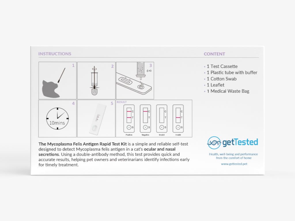 Kit de test GetTested pour chats. Comprend cassette de test, tube, écouvillon, notice et sac poubelle médical. Instructions sur l'emballage.