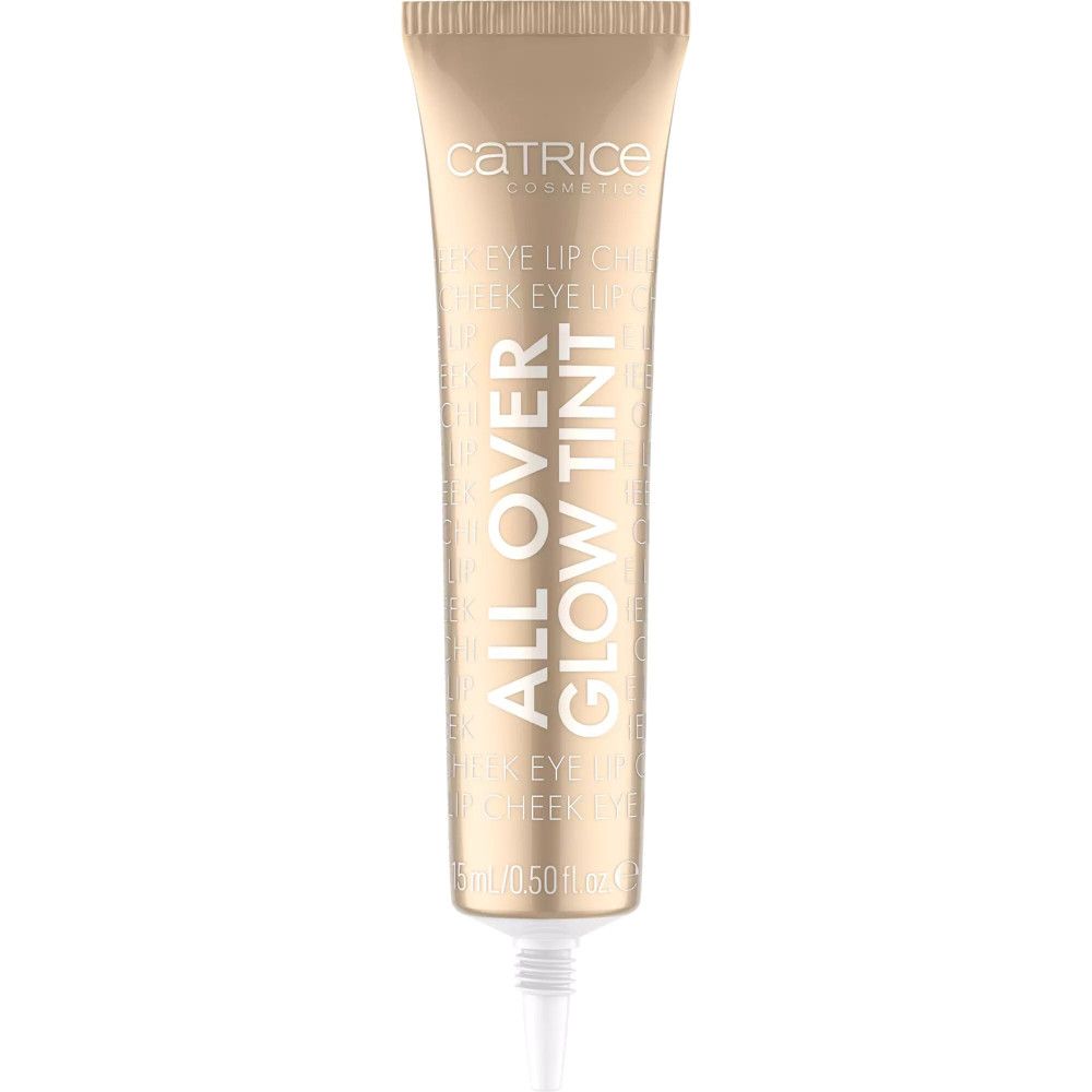 Catrice All Over Glow Tint tube. Gouden tube met witte dop. Opschrift: ALL OVER GLOW TINT.