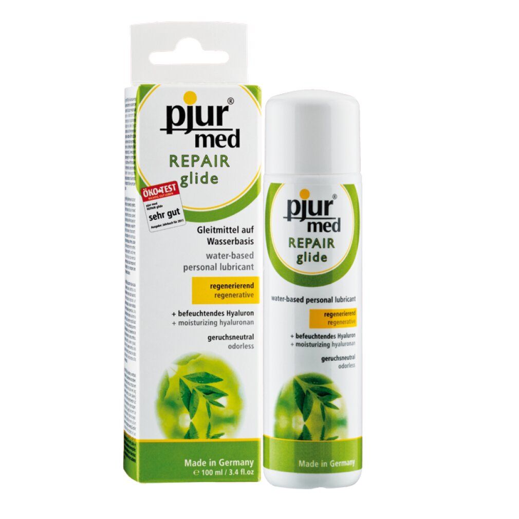 Bouteille et boîte Pjur Med Repair Glide. Lubrifiant à base d'eau avec hyaluron.