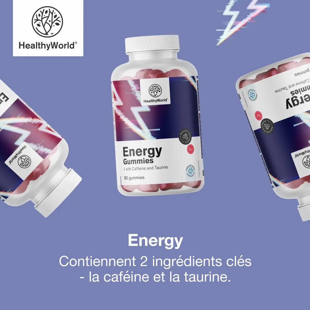Trois bouteilles de gommes énergétiques, rouges, avec caféine et taurine. Design éclair.
