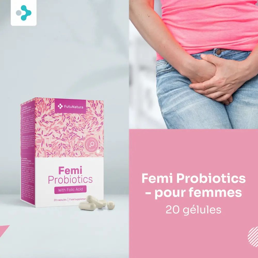 Boîte et capsules Femi Probiotics. Texte: Femi Probiotics - pour femmes. 20 gélules. Femme se tient les mains sur le bas-ventre.
