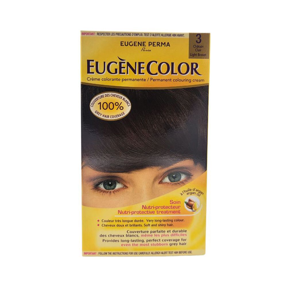 Boîte de crème colorante Eugène Color. Couverture 100% des cheveux blancs. Visage avec cheveux bruns. Texte: Eugène Perma, soin nutri-protecteur.