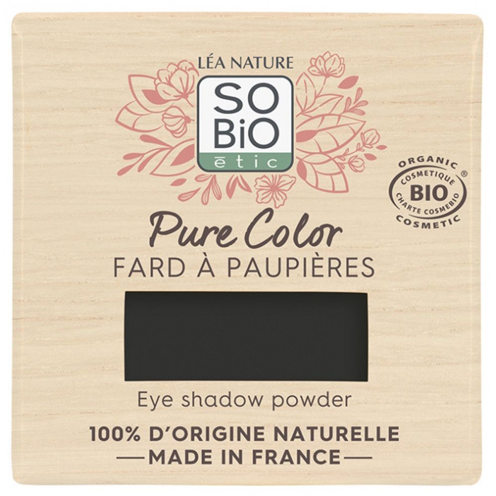 Fard à paupières Pure Color noir dans un boîtier carré en bois. Inscription : 100% d'origine naturelle, Made in France. Label Bio.