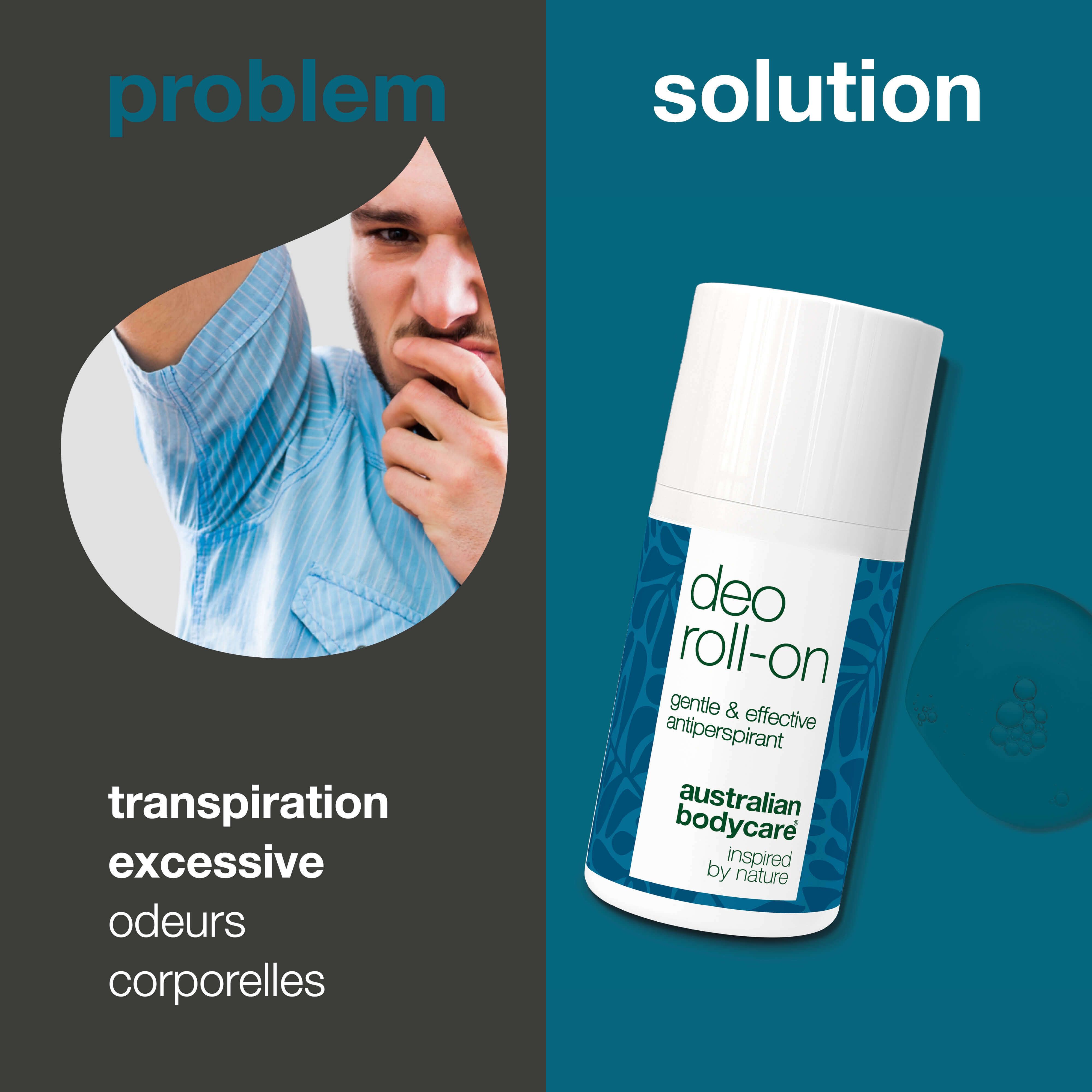 Homme avec transpiration. Roll-on déodorant. Texte: gentle & effective antiperspirant. Australian Bodycare. Problème/solution.