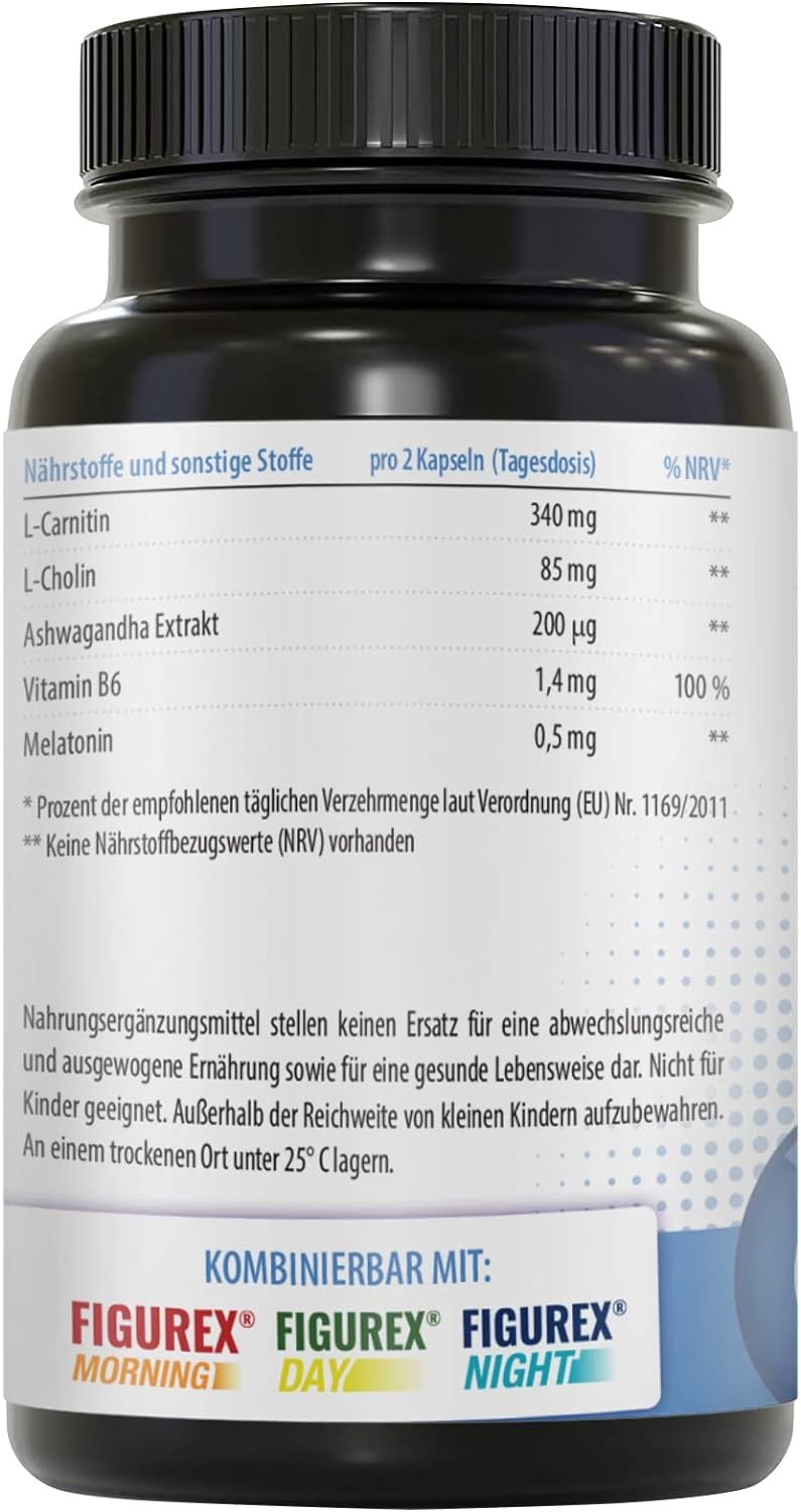 Dos d'un flacon noir avec étiquette blanche. Liste des ingrédients et valeurs nutritionnelles. Combinable avec les produits FIGUREX.