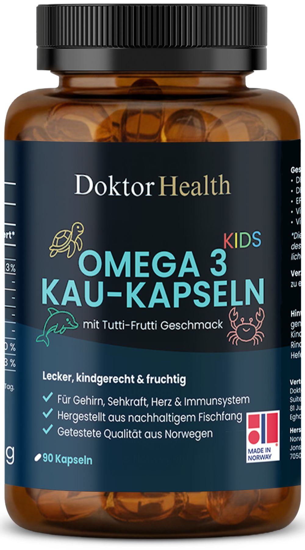 Flacon brun de gélules à mâcher Omega-3. Inscription : Doktor Health, Omega 3 Kids. 90 gélules. Goût Tutti Frutti.
