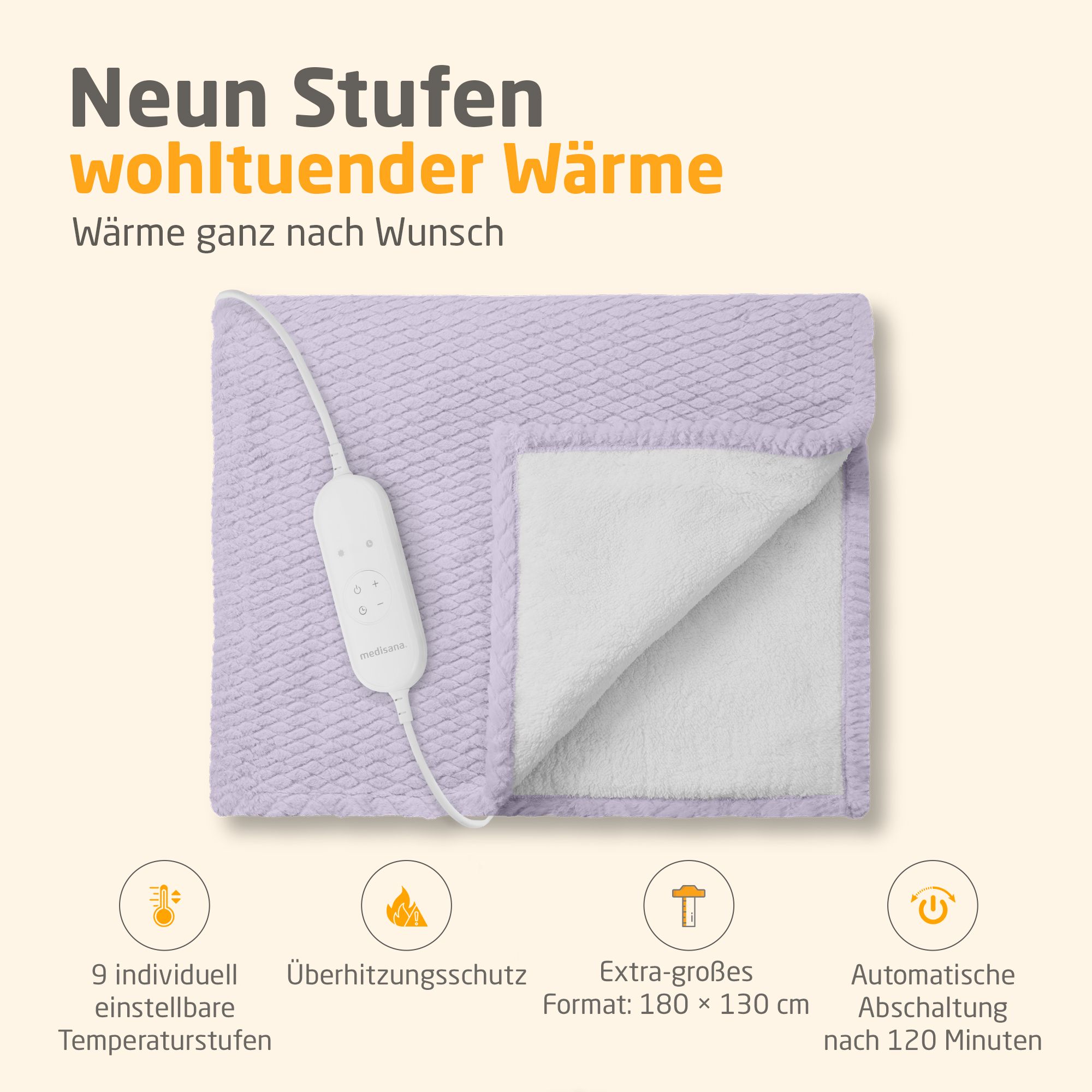 Couverture chauffante lilas clair. Câble et panneau de commande. 9 niveaux de température, protection contre la surchauffe, 180x130 cm.