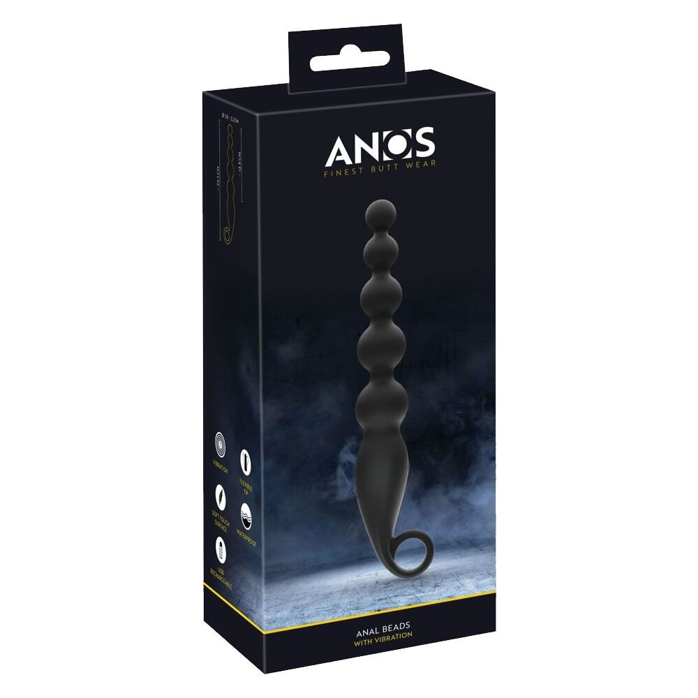Verpakking voor ANOS Anal Beads met vibratie, zwart design met productafbeelding.