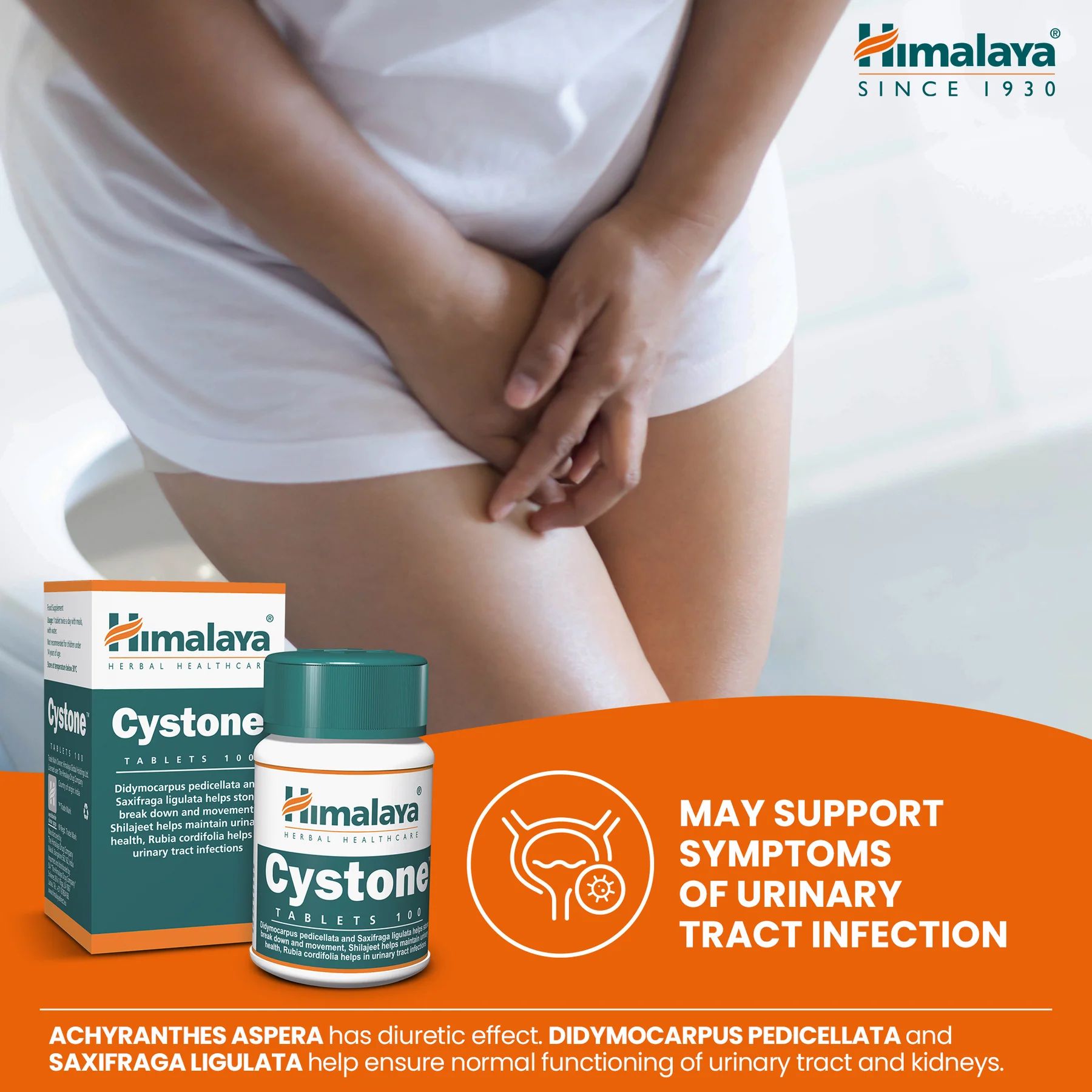 Himalaya Cystone tabletten en een persoon die zijn geslachtsdelen vasthoudt. Tekst: Kan symptomen van urineweginfectie ondersteunen.