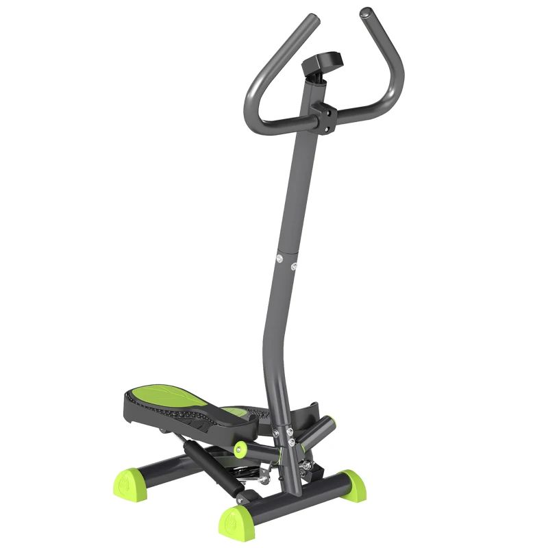 Grijze stepper met groene treden en voeten. Met handvat en LCD-scherm. Fitnessapparaat voor training.