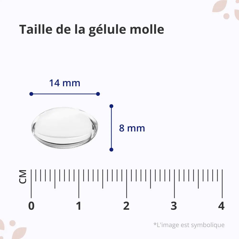 Gélule molle avec dimensions: 14 mm x 8 mm. Sur fond blanc. Mesures en cm.