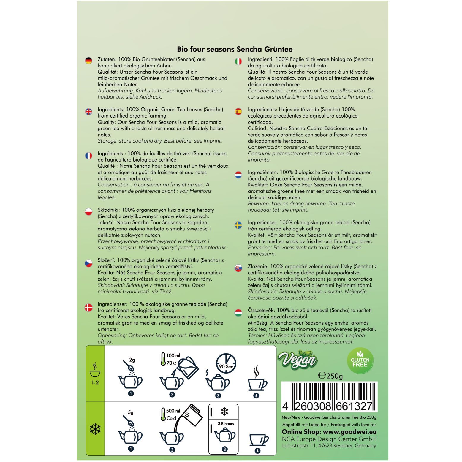 Dos de l'emballage Goodwei Bio Sencha Grüntee. Texte multilingue, instructions de préparation, labels bio, vegan et sans gluten.