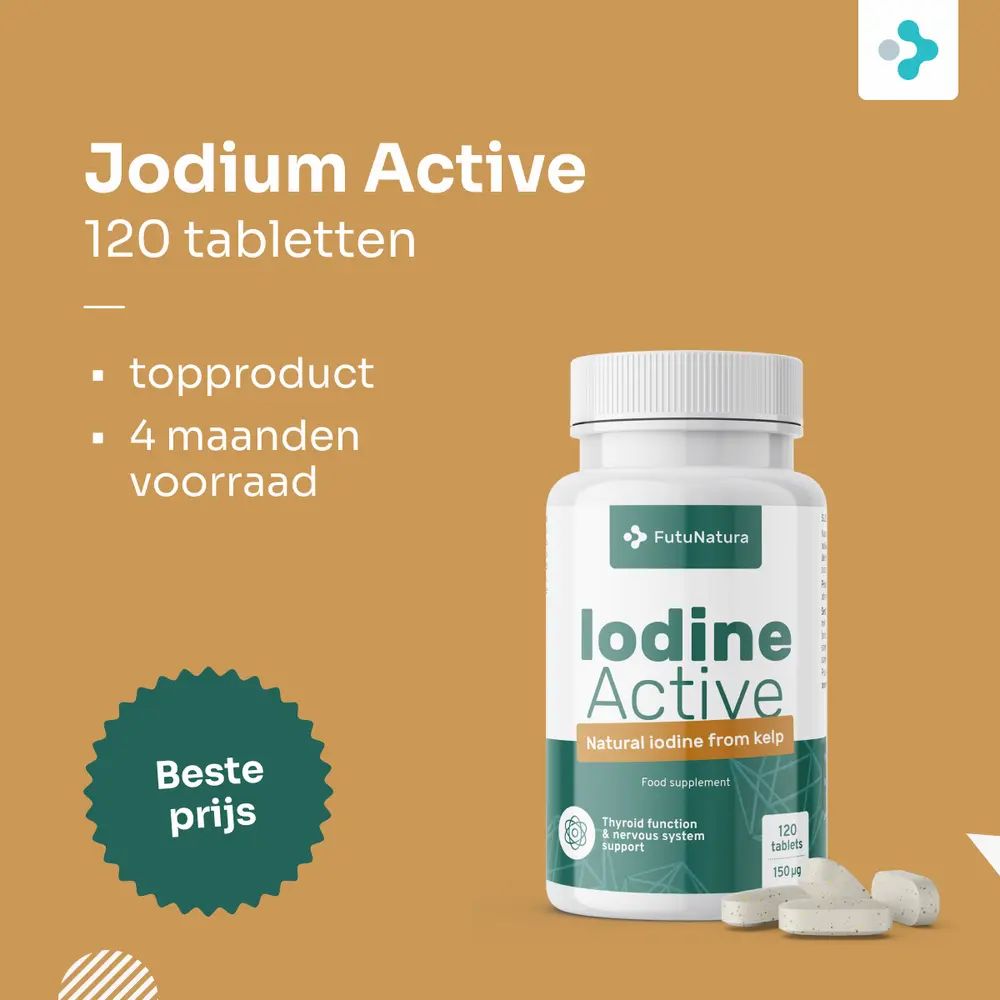 Fles FutuNatura Jod Active met 120 tabletten. Tekst: Beste prijs. Oranje achtergrond.