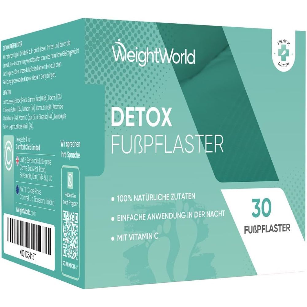 Boîte de WeightWorld Detox Patchs pour les pieds. Design turquoise et blanc, informations produit, 30 patchs.