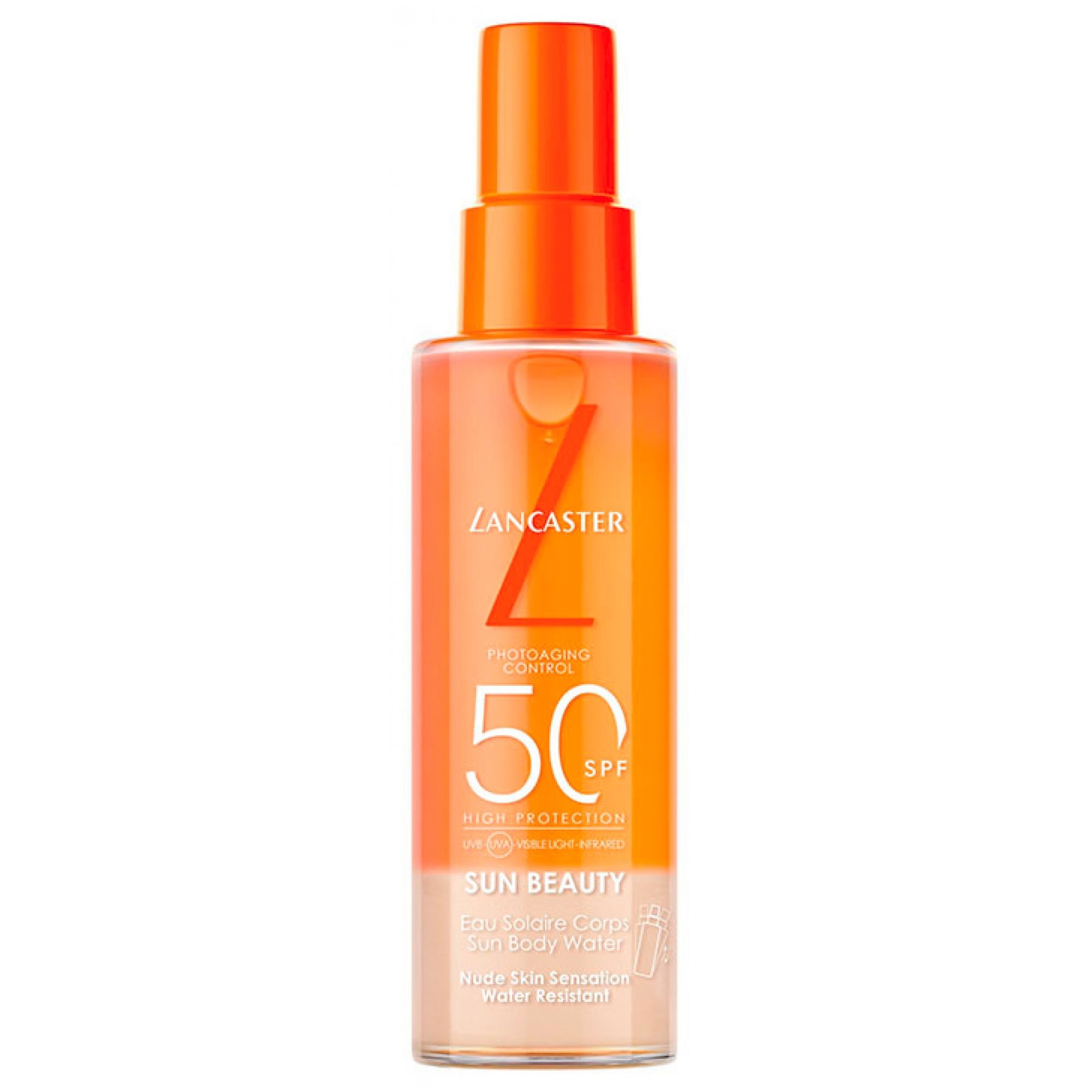 Lancaster Sun Beauty protection solaire SPF 50 dans un flacon pulvérisateur.