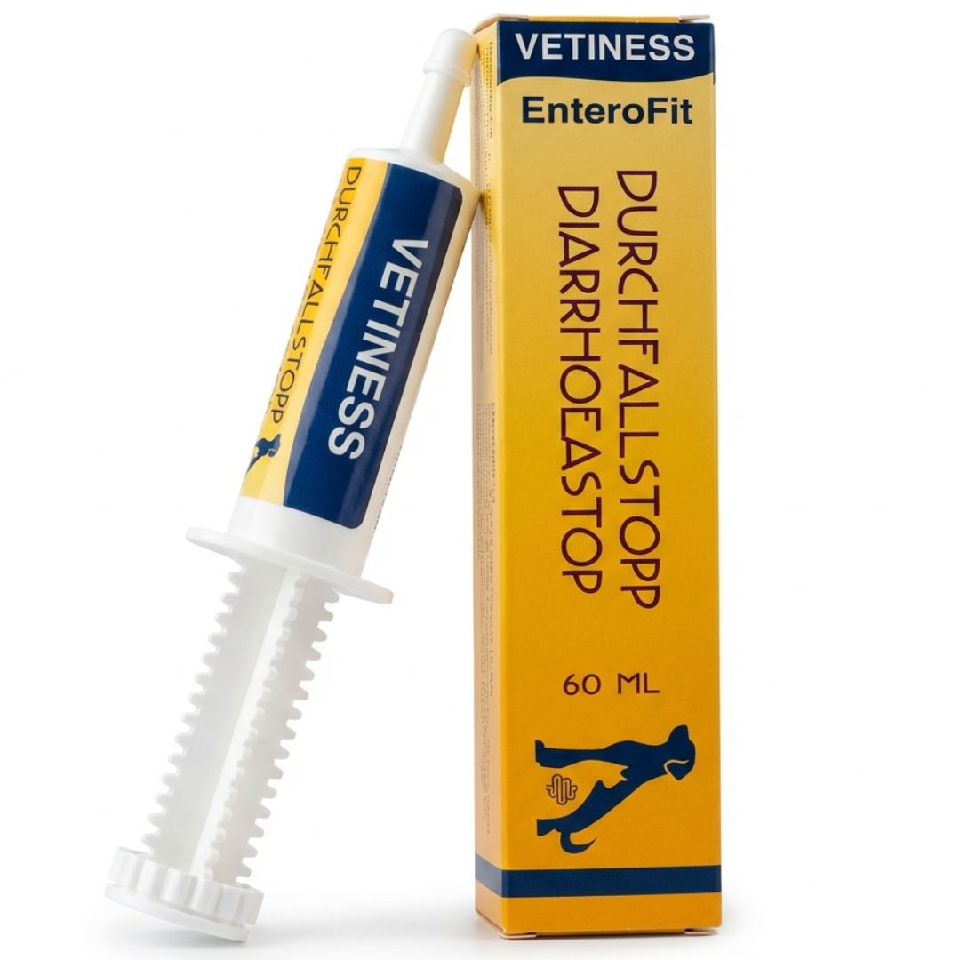 Product: Vetiness Durchfallstopp Paste. Spuit met doseerring en geel-blauwe verpakking. 60 ml.