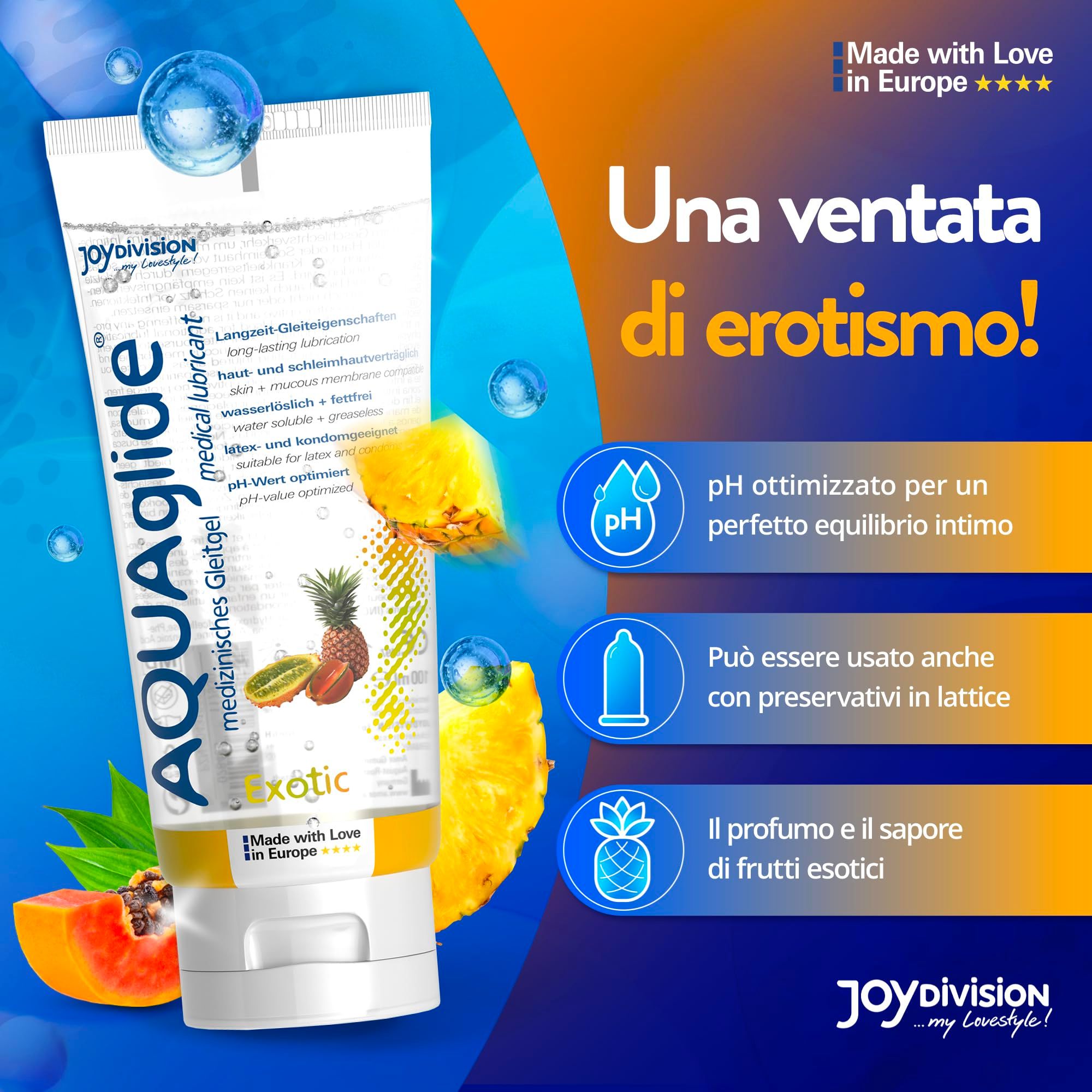 Lubrifiant Aquaglide saveur fruits exotiques. Doux pour la peau, pH optimisé, compatible avec les préservatifs.