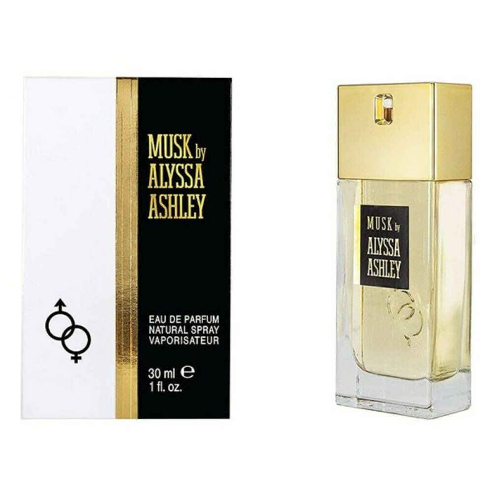 Parfumfles en verpakking. Zwarte verpakking met gouden tekst "Musk by Alyssa Ashley". Fles met gouden dop.