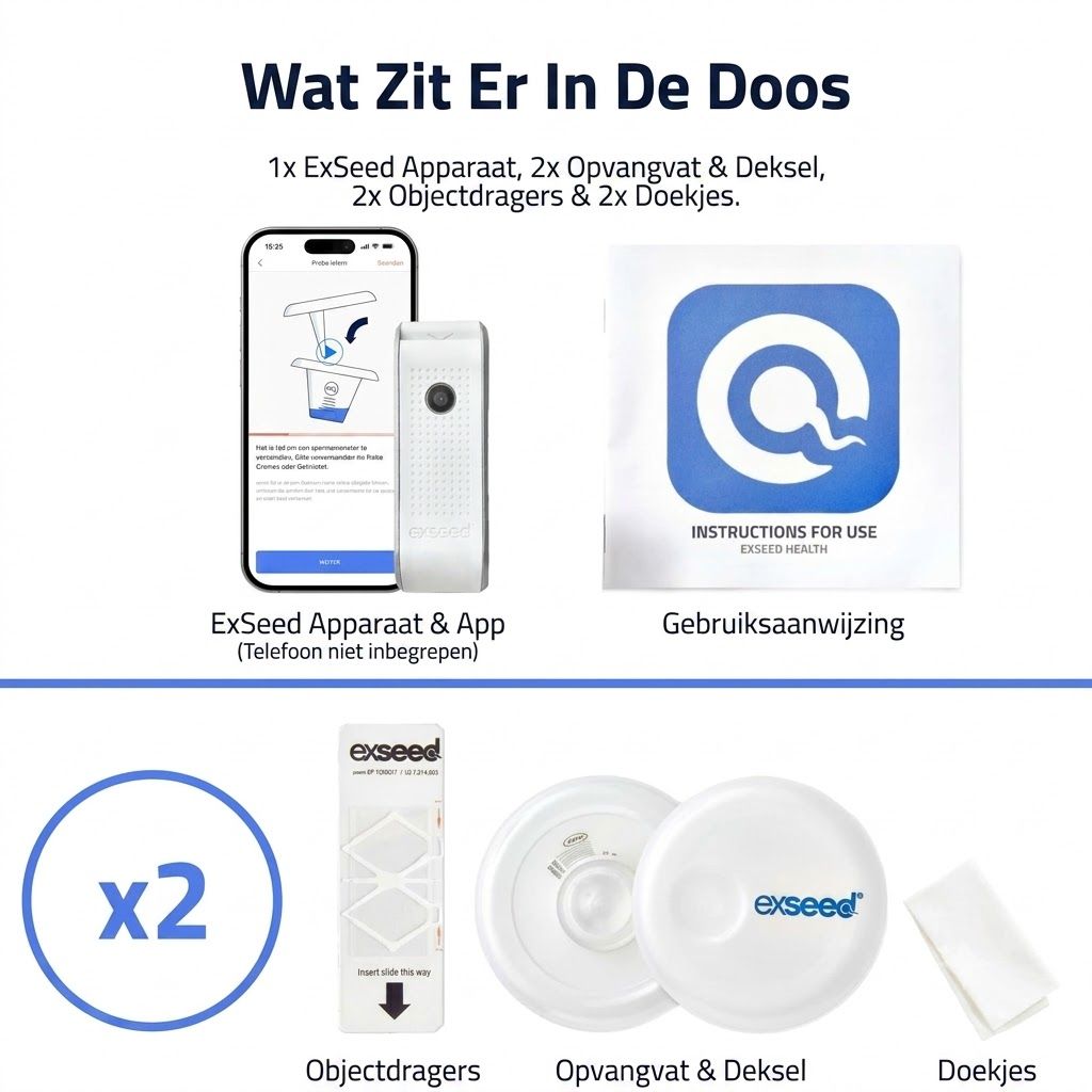ExSeed apparaat, app-handleiding, gebruiksaanwijzing, 2x objectdragers, 2x opvangvat met deksel, 2x doekjes.