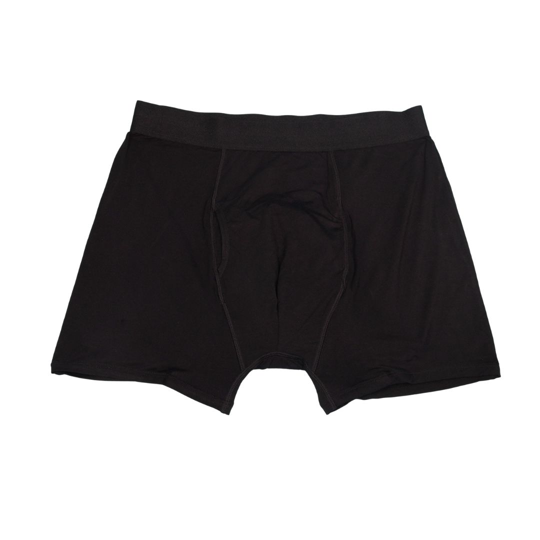 Boxer absorbant noir pour homme, vue de face. Taille élastique, tissu absorbant.