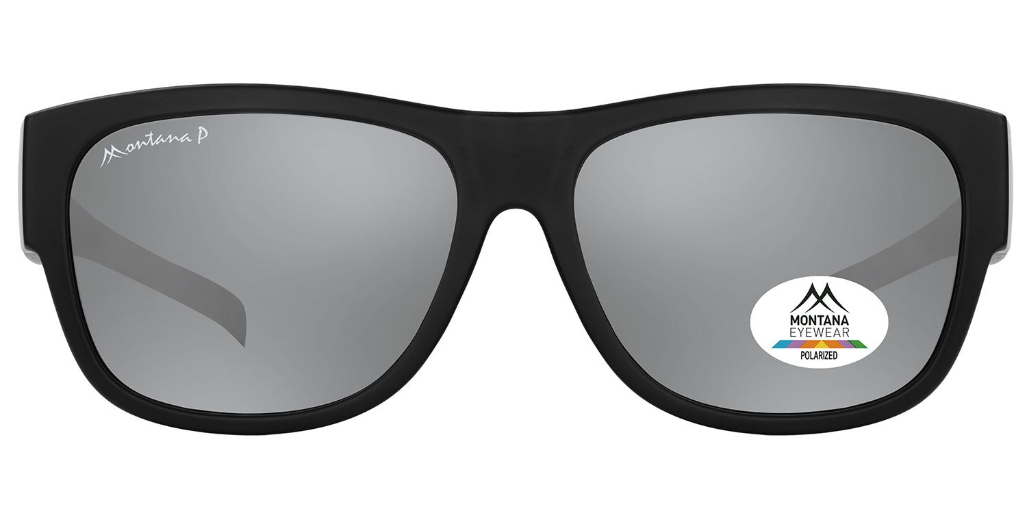 Lunettes de soleil noires avec verres argentés. Logo Montana Eyewear et indication de polarisation.