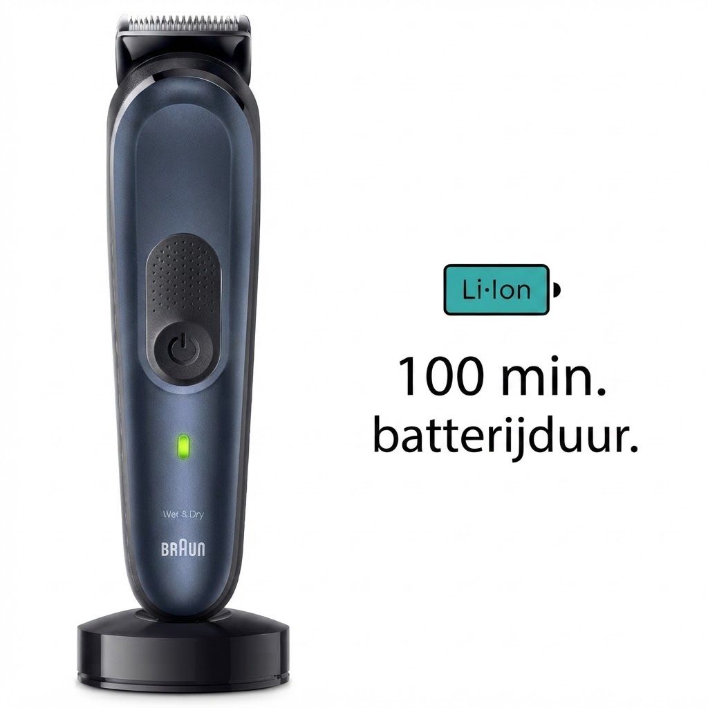 Donkerblauwe Braun scheerapparaat met laadindicator op zwarte standaard. Li-Ion batterij, 100 min. gebruiksduur.