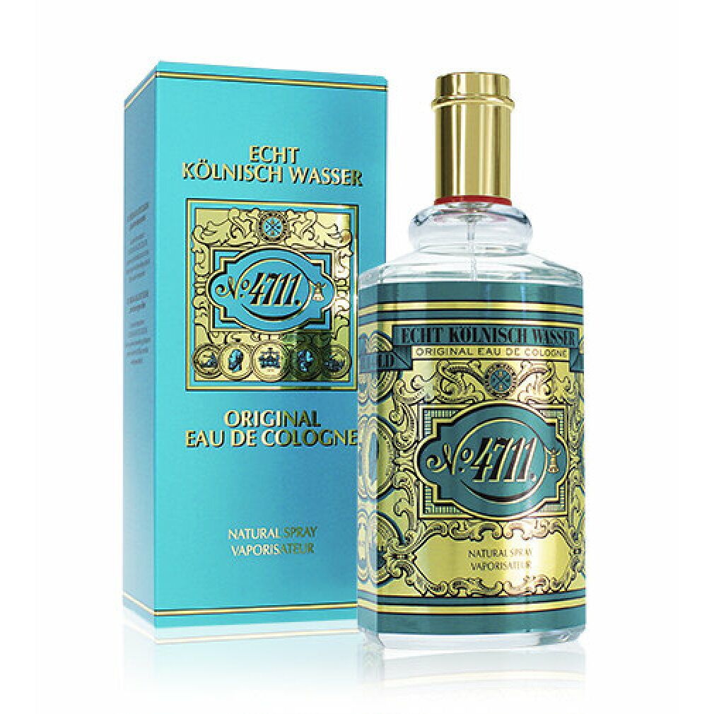 Flacon et boîte de 4711 Eau de Cologne. Le flacon est en verre avec un bouchon doré. La boîte est bleue avec des décorations dorées.