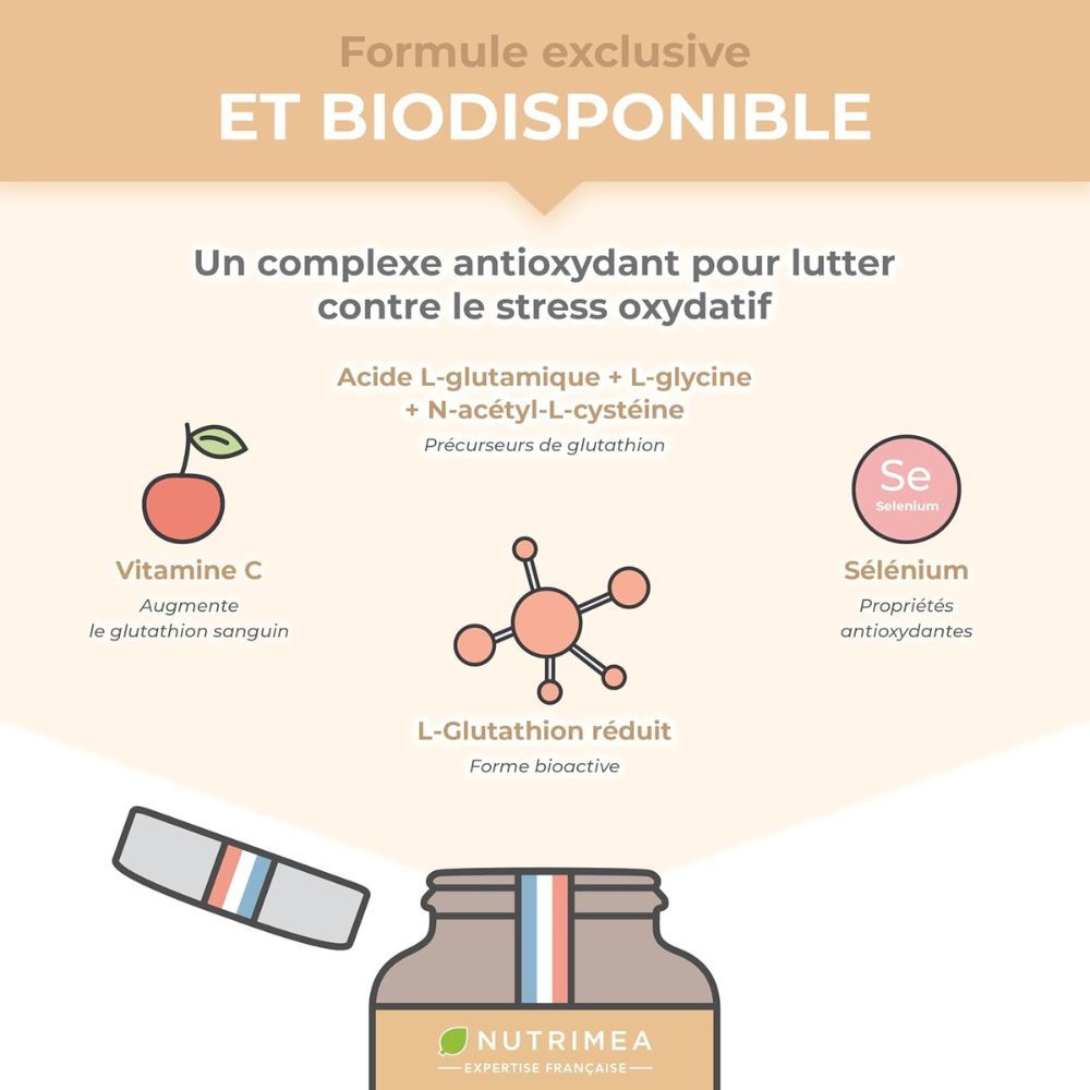 Graphique avec ingrédients : acide L-glutamique, L-glycine, N-acétyl-L-cystéine, vitamine C, sélénium. L-glutathion réduit.