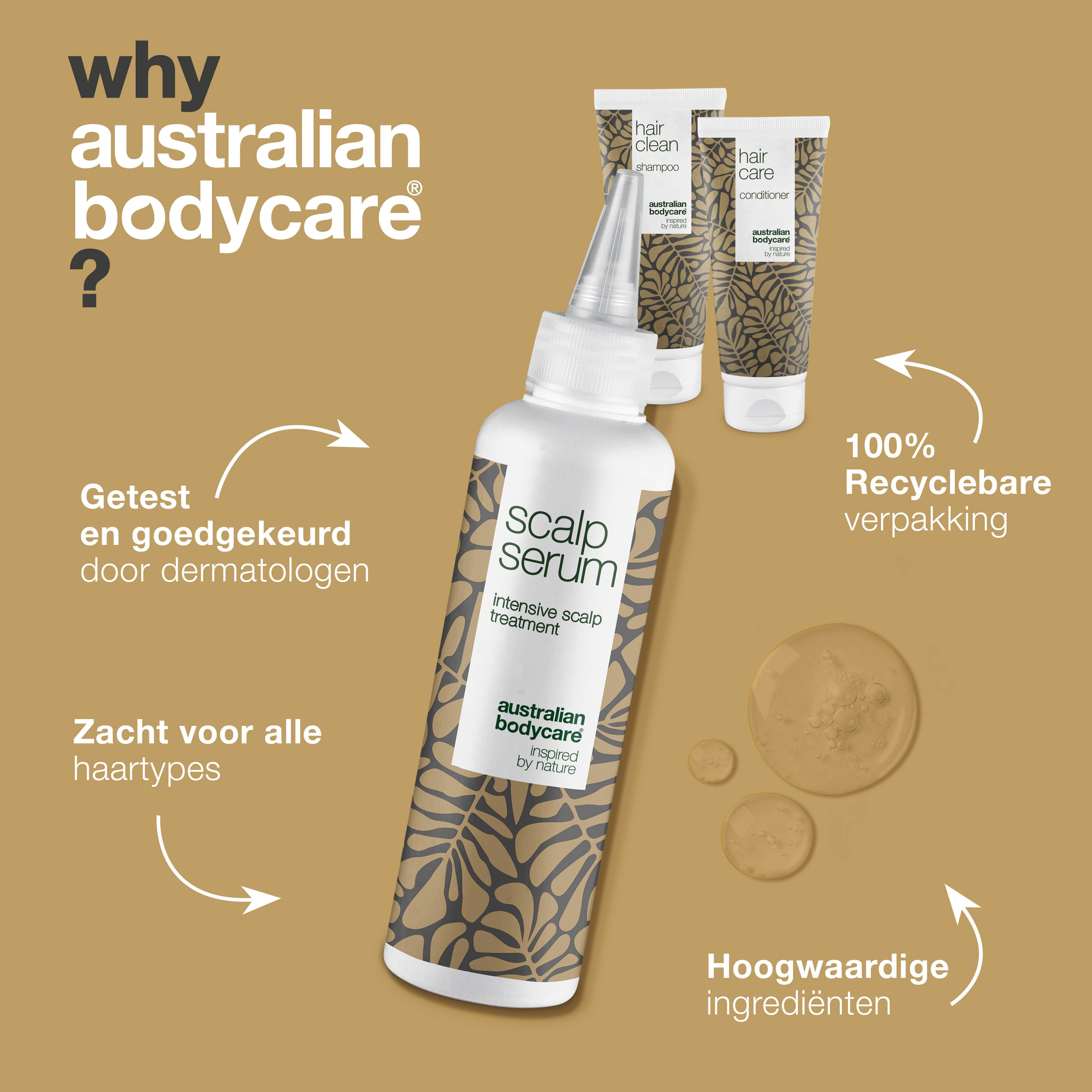 Waarom Australian Bodycare? Shampoo, conditioner en serum. Witte flessen met bruin bladpatroon. Australian Bodycare.